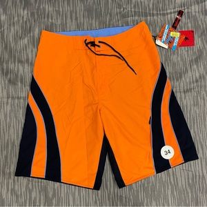 First Wave NWT! Orange/Blue Shorts Tie Front Zip Pocket Boardshort